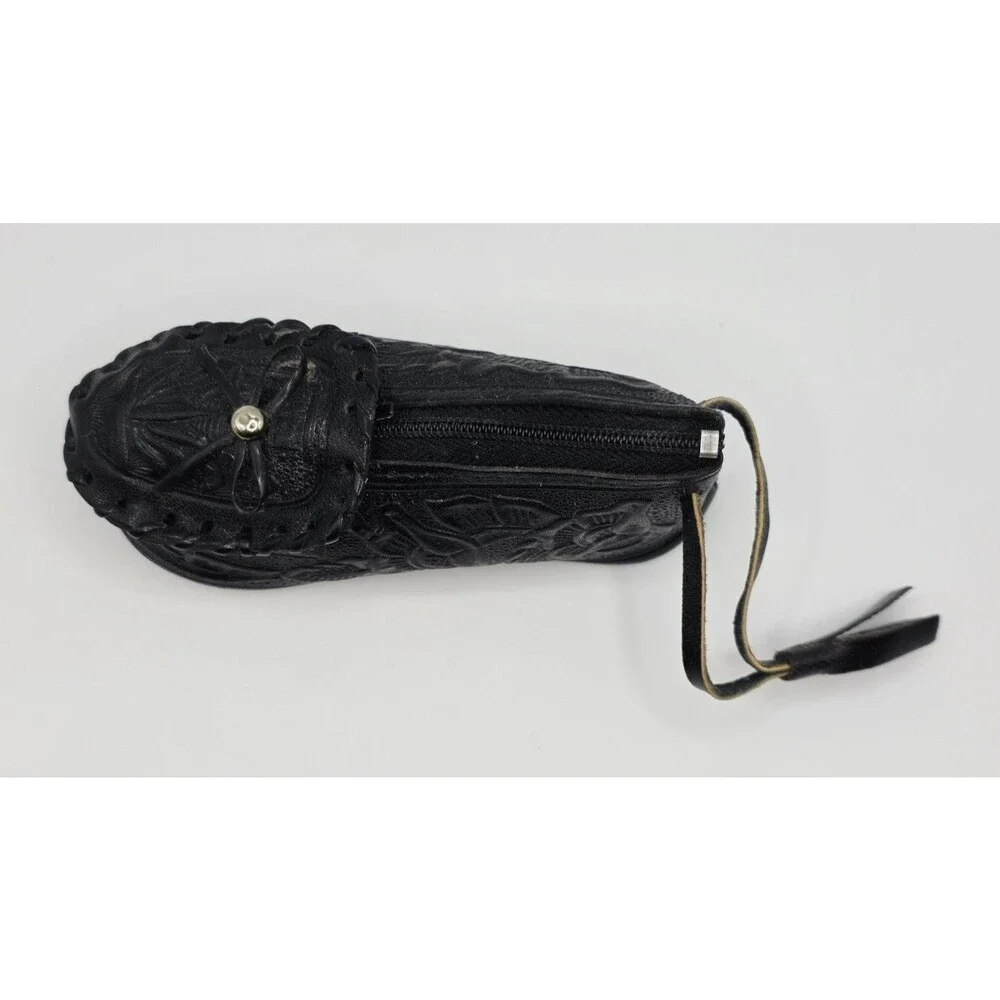 Vintage black leather shoe coin purse with zipper Horses Mexico